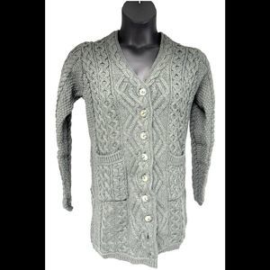 Aran Craft Merino Wool Long Boyfriend Button Front Cardigan Moss Green - Regular